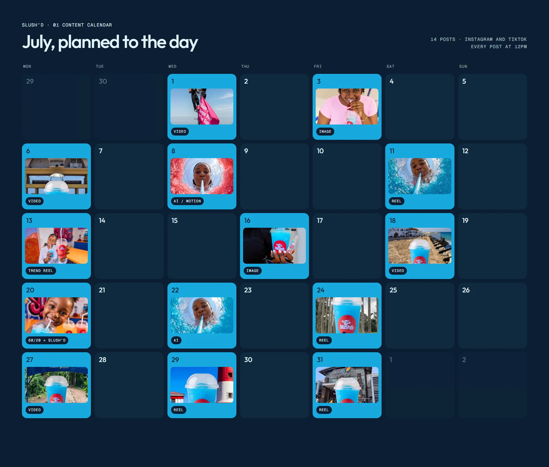 July content calendar: fourteen posts across five weeks, each marked with its format