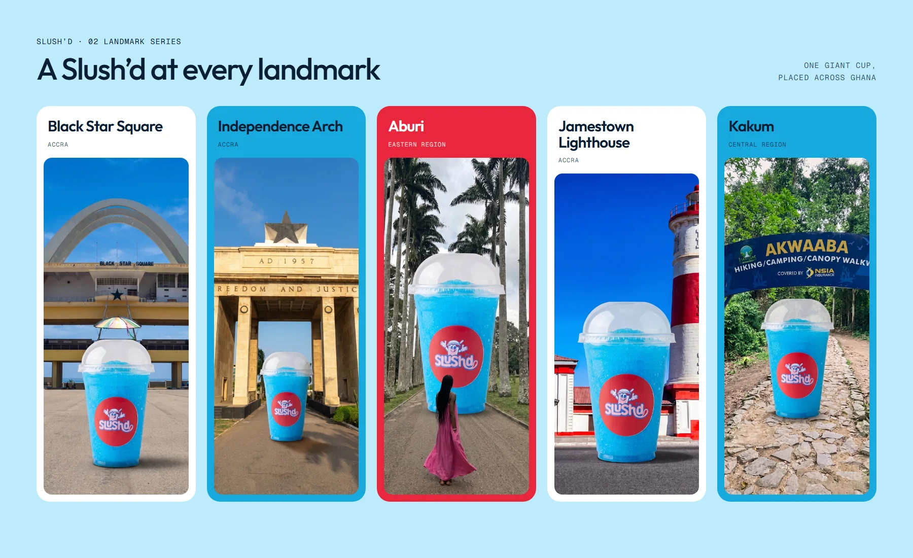 Landmark series board: a giant Slush’d cup at Black Star Square, Independence Arch, Aburi, Jamestown Lighthouse and Kakum