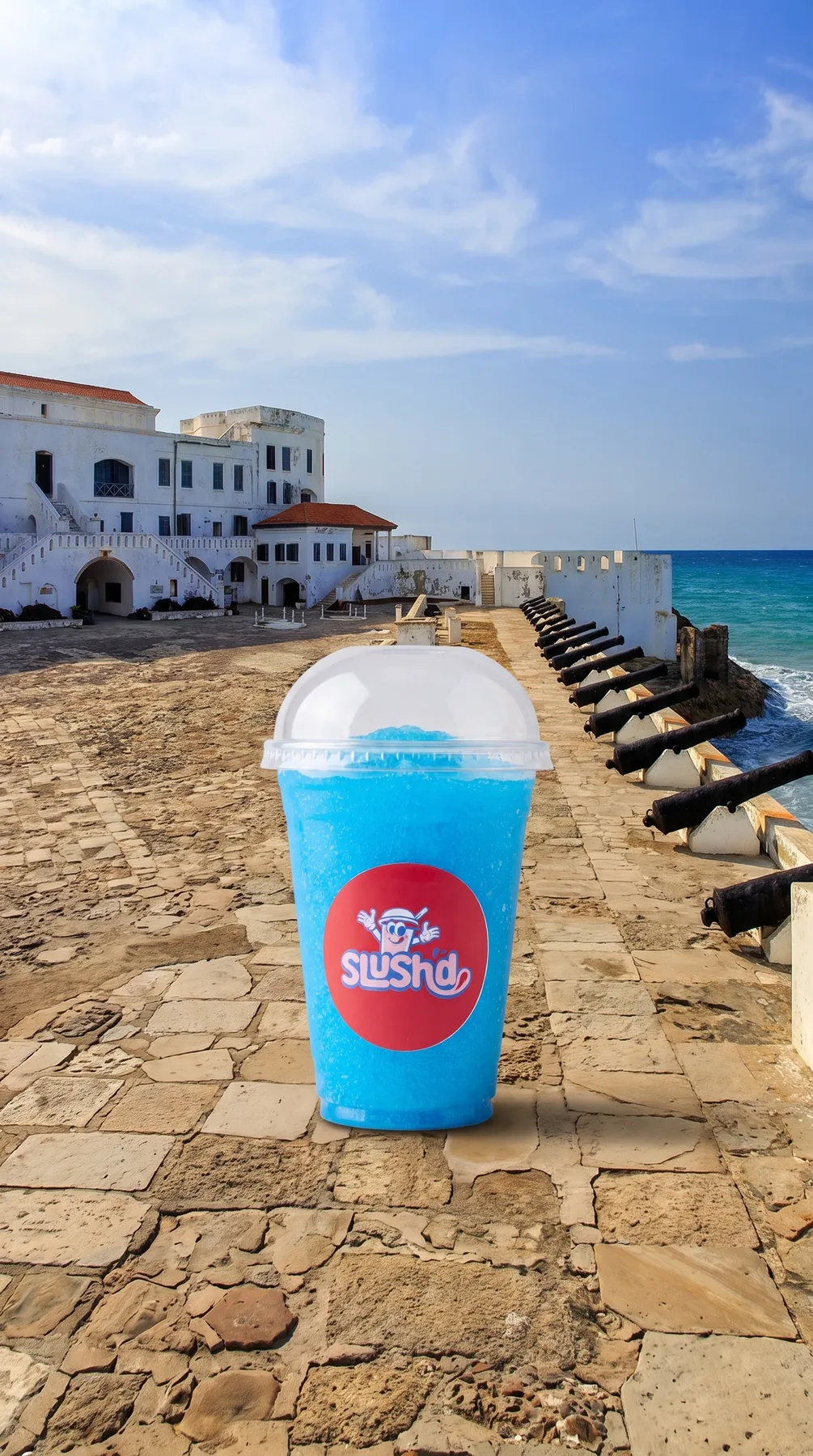 A giant Slush’d cup on the ramparts of Cape Coast Castle