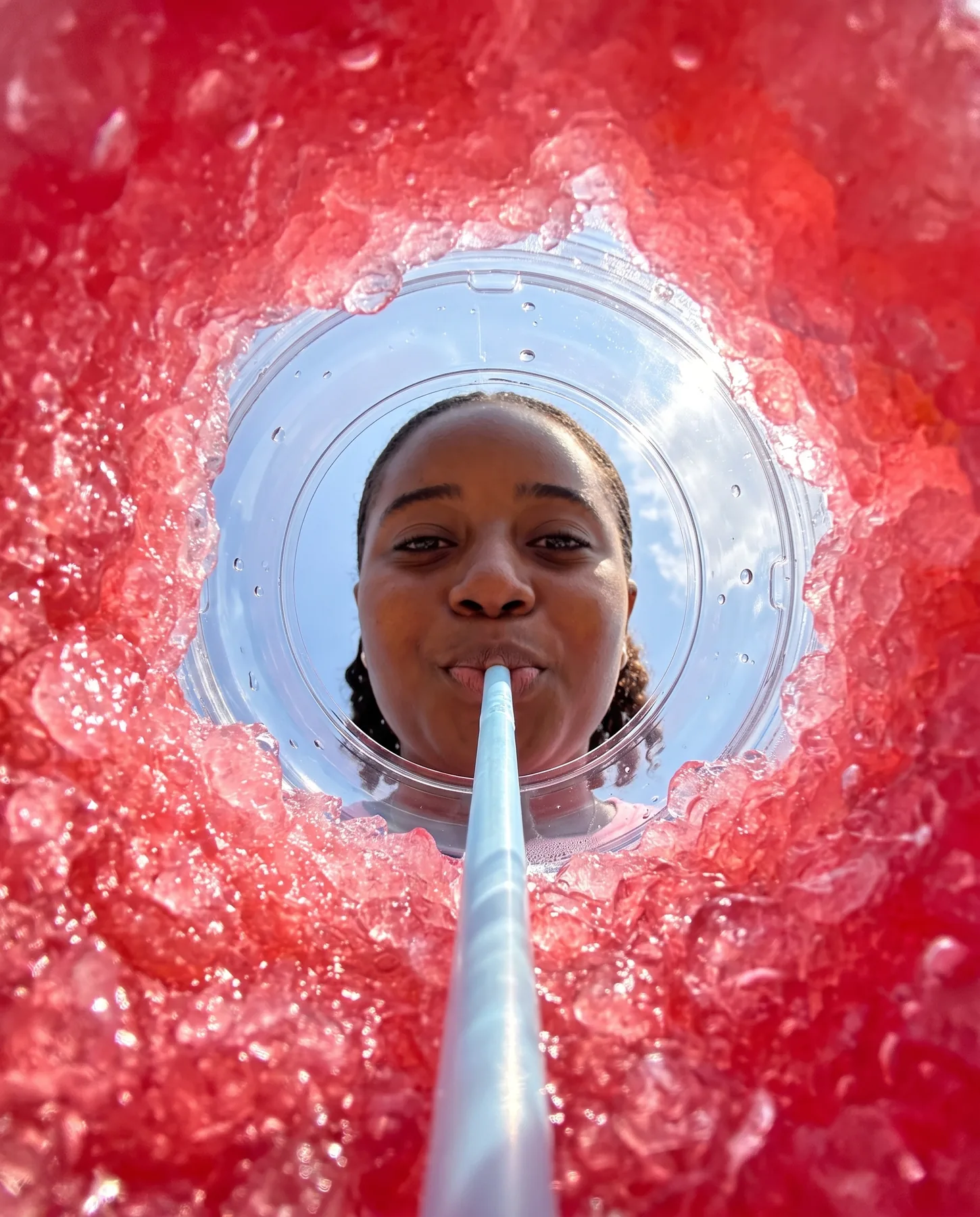 View from inside a red slush cup looking up at a girl sipping through the straw