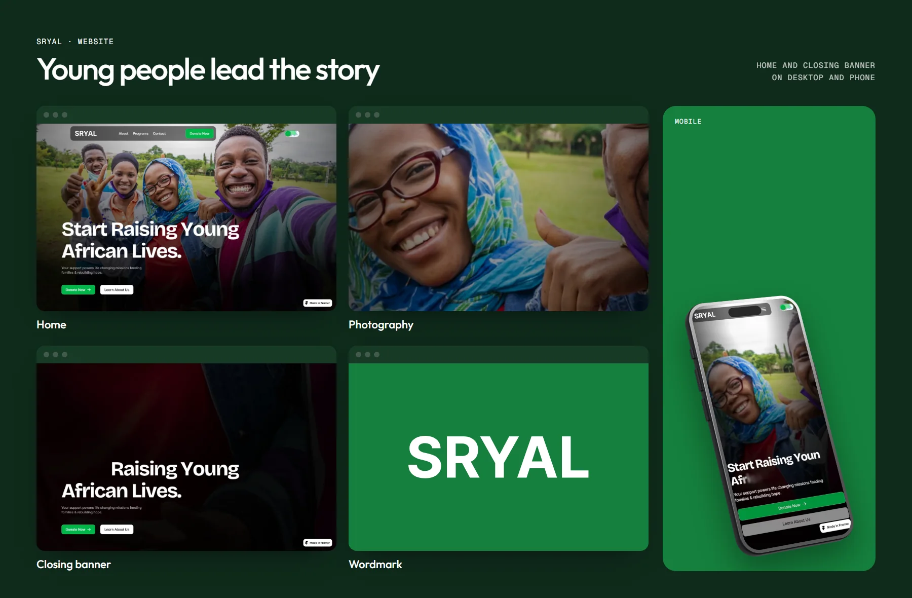 Website board: home, photography, closing banner and wordmark, with the home page on a phone