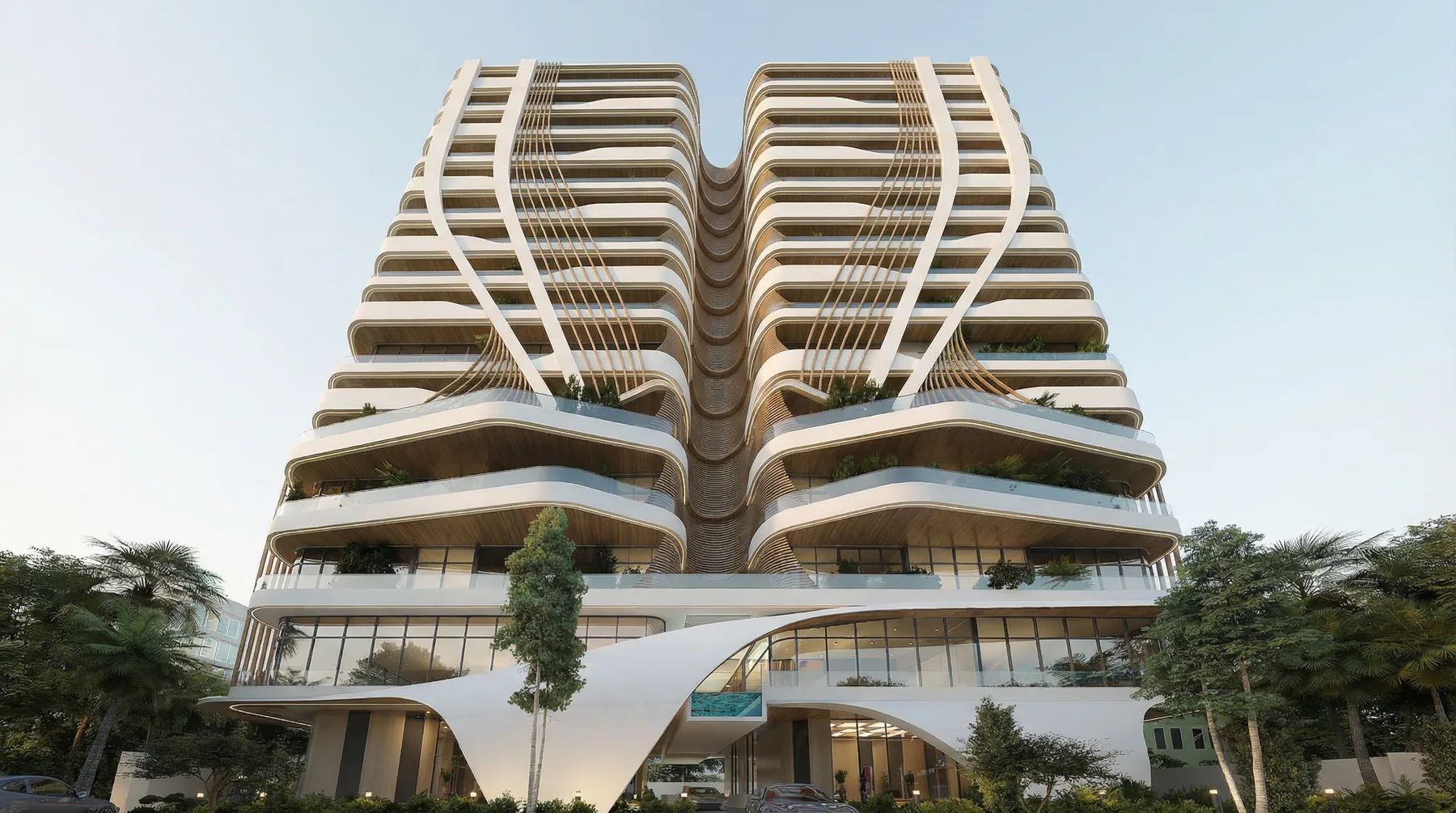 Low-angle view of the tower’s curved balconies against the sky