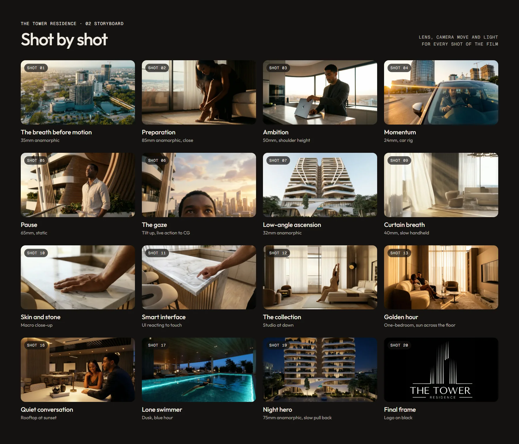 Storyboard board: sixteen shots with the lens and camera move for each, ending on the logo