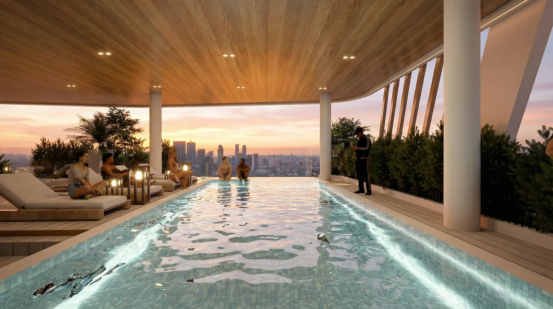 Rooftop infinity pool above the city at sunset