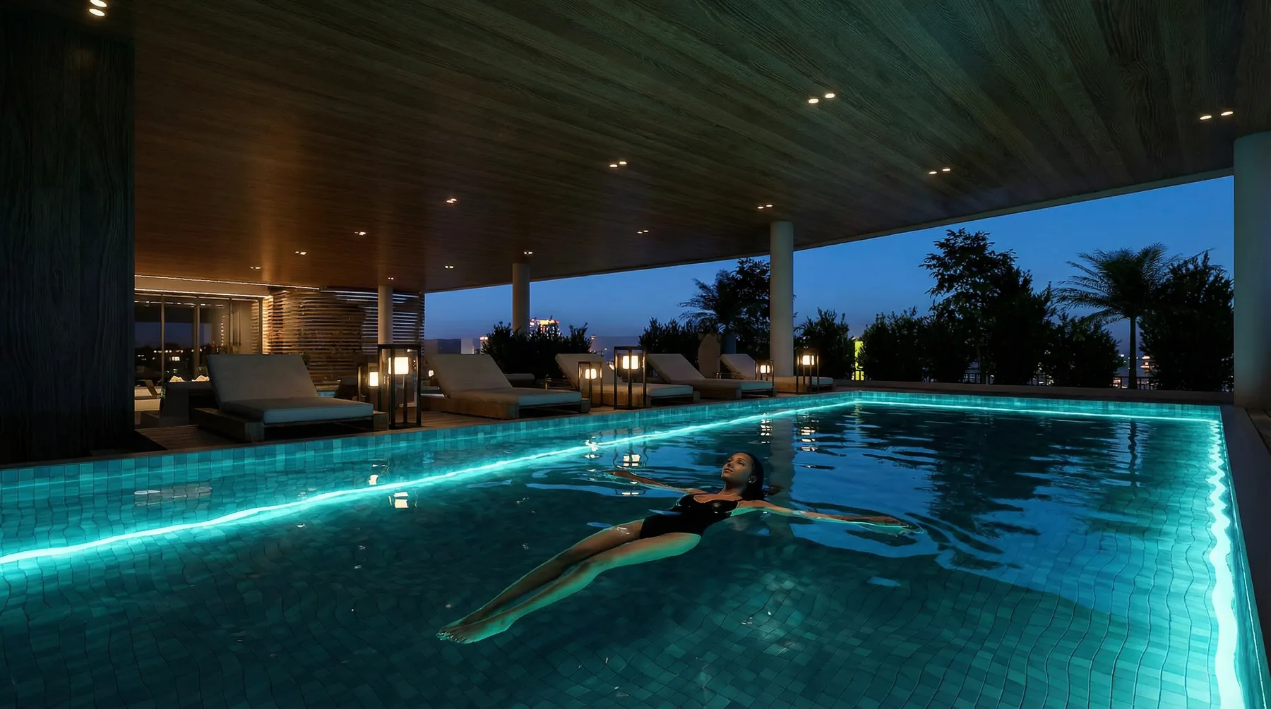 A lone swimmer in the pool at dusk