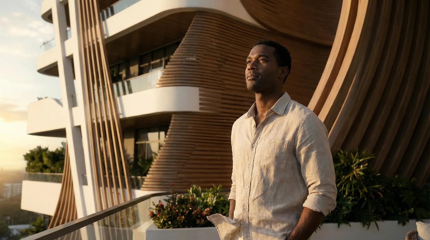 A resident pauses on his balcony in the morning light