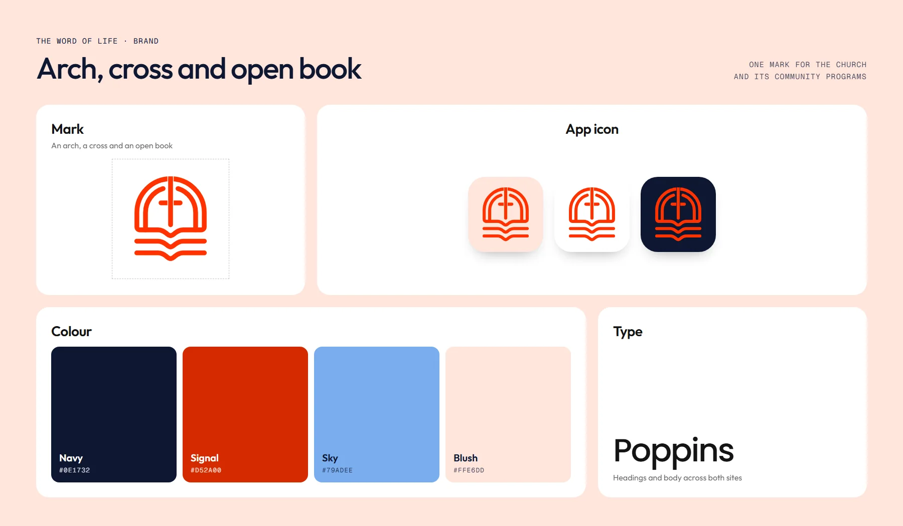 Brand board: the arch, cross and open book mark, app icons, colours and Poppins