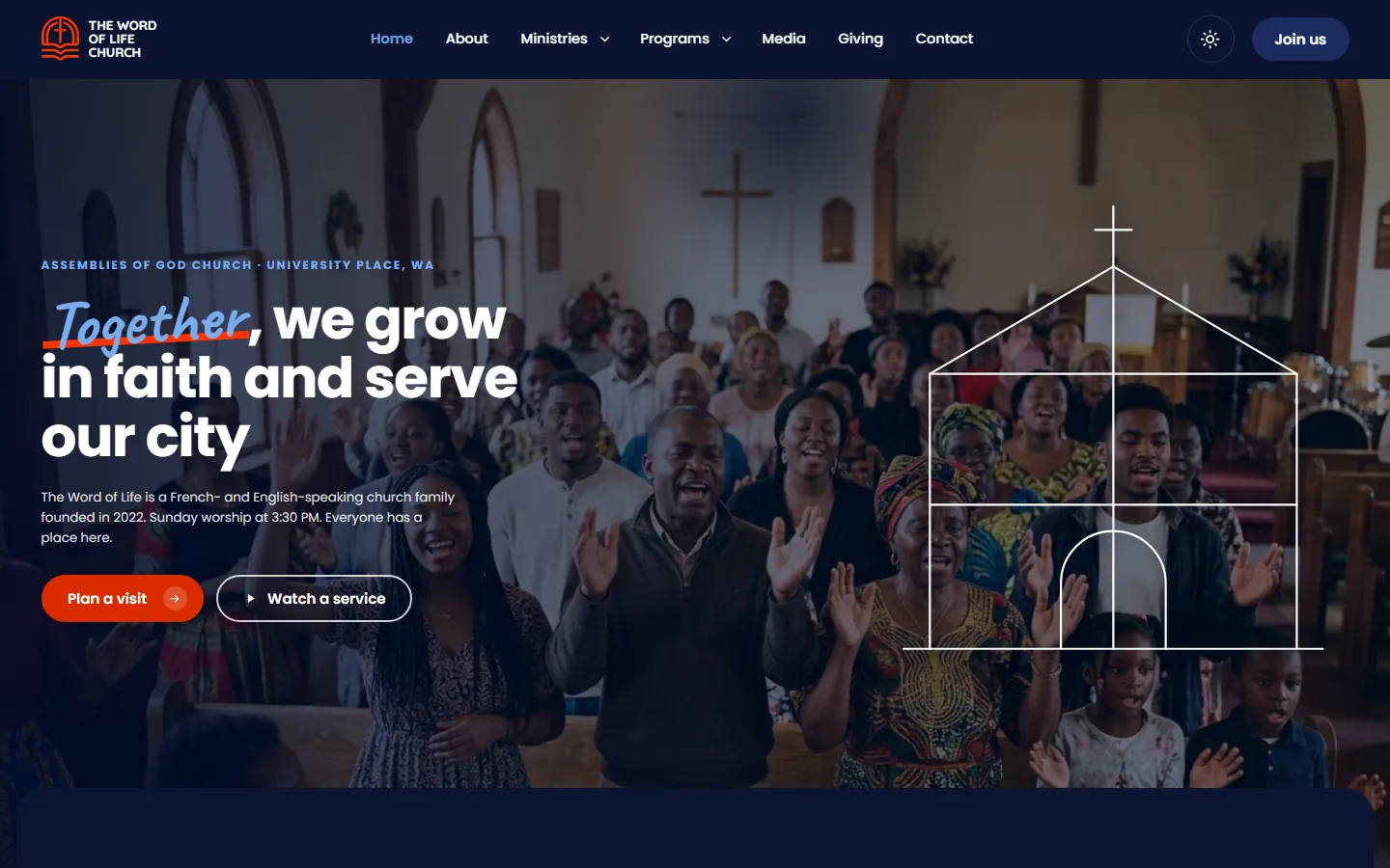 Church home page with the headline Together, we grow in faith and serve our city